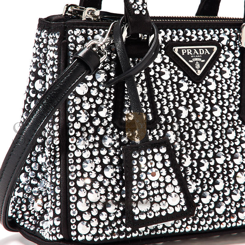 Pra*a black satin and crystal mini galliera tote bag 1ba906 (20*15*9.5cm)